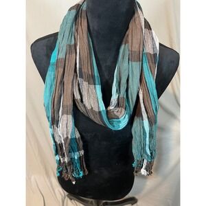 Womens Turquoise and Brown Plaid Crinkle Scarf with Fringe Trim Lightweight Boho